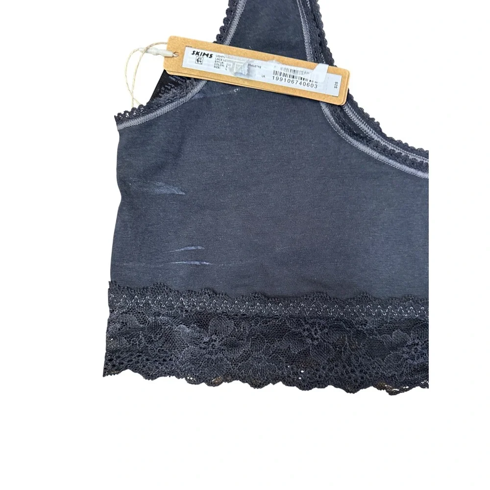 Skims L Lace Trim Bralette Onyx Black Scoop Neck Wireless Bra Size L New - Picture 3 of 5